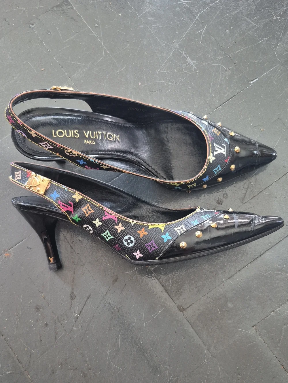 Louis Vuitton Black Multicolor Monogram Studded Slingback Pumps - Picture 1 of 7